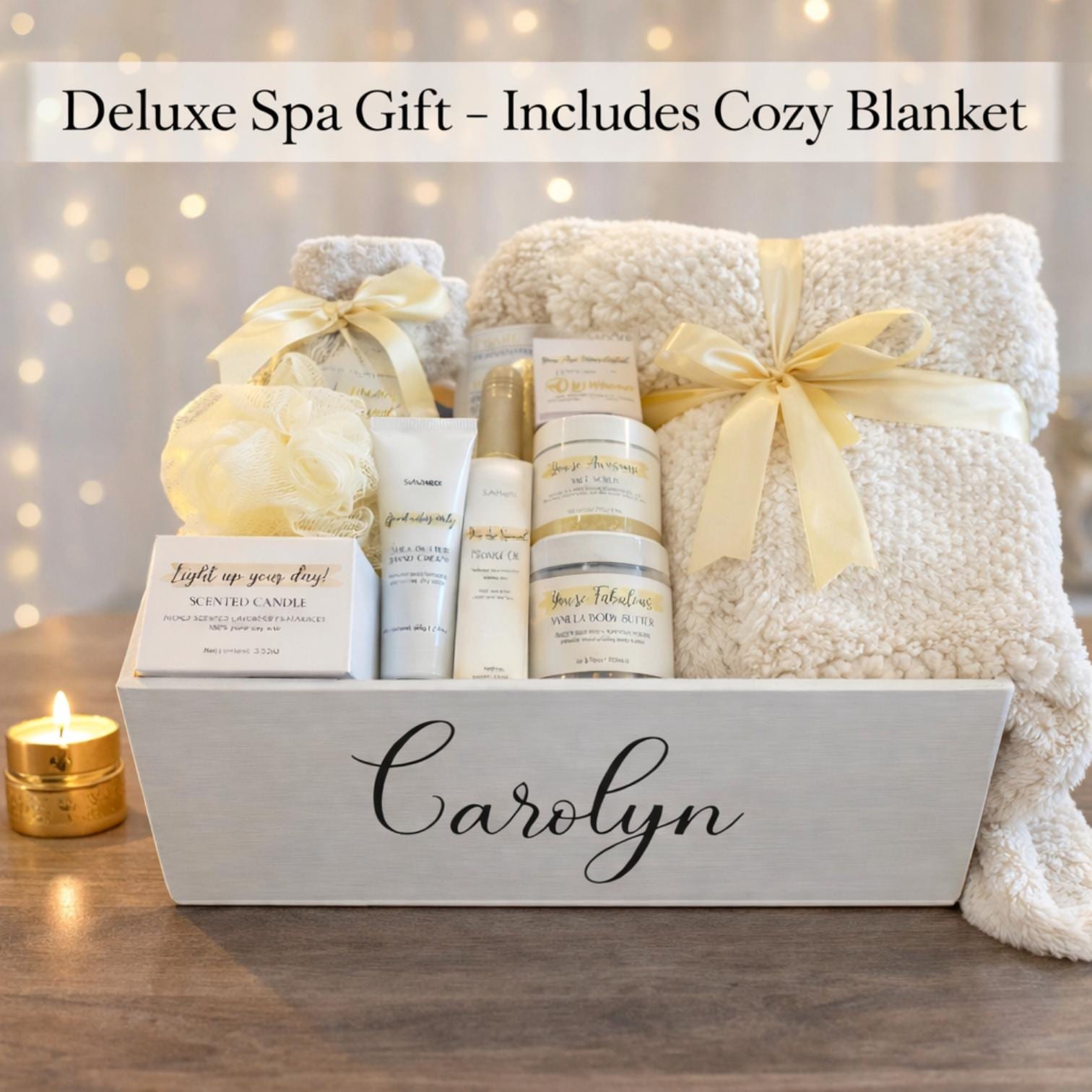 Personalized Wooden Spa Gift Basket for Women