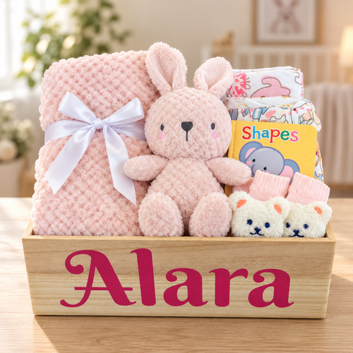 A personalized baby gift basket in a wooden crate labeled 'Alara' with a pink textured blanket tied with a white ribbon, a pink plush bunny, folded baby clothes, socks, and a Shapes baby book, set on a wooden surface in a softly blurred nursery background.