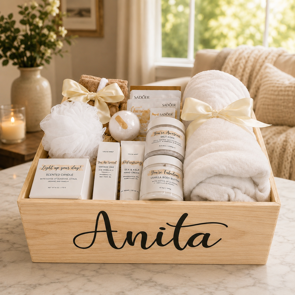 Personalized Wooden Spa Gift Basket for Women