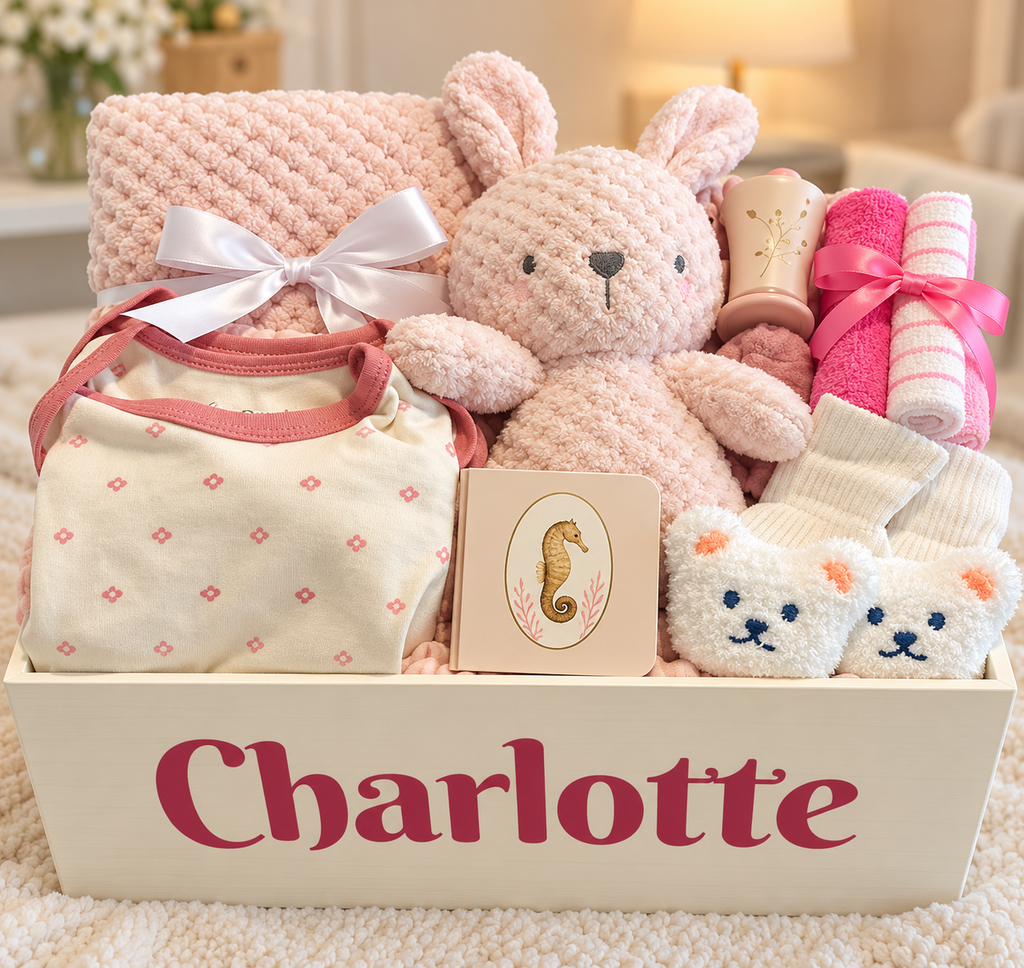 A personalized baby gift basket set in a cream-colored wooden box labeled 'Charlotte'. The set includes a pink knitted bunny plush toy, a pink knitted blanket, a cream and pink patterned baby bag tied with a white ribbon, a pink and white striped towel, a small seahorse card, and white bear-face socks.