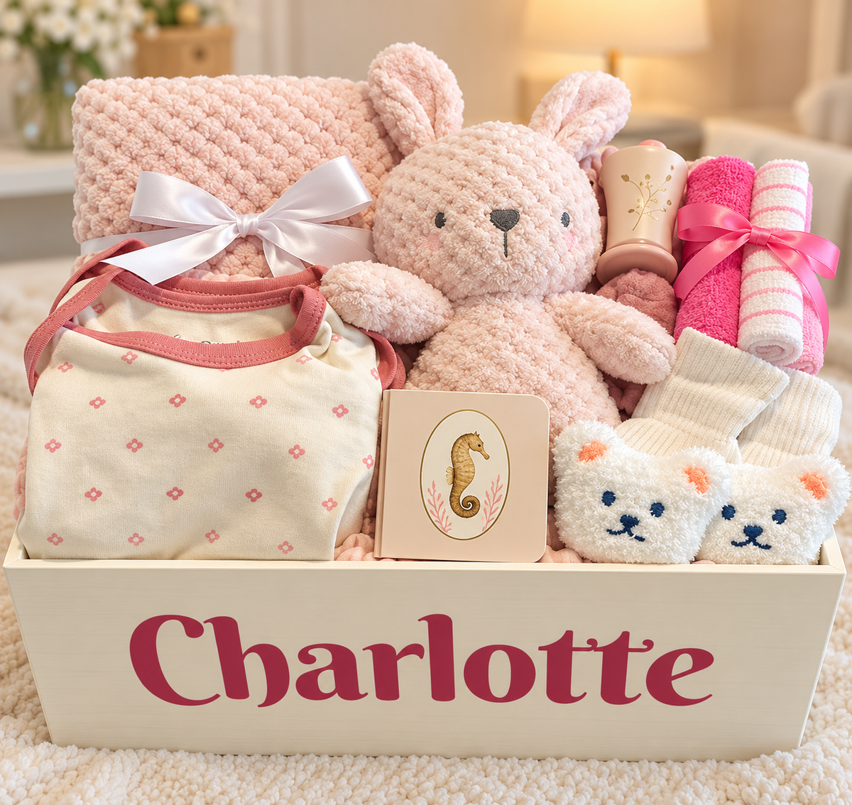 A personalized baby gift basket set in a cream-colored wooden box labeled 'Charlotte'. The set includes a pink knitted bunny plush toy, a pink knitted blanket, a cream and pink patterned baby bag tied with a white ribbon, a pink and white striped towel, a small seahorse card, and white bear-face socks.