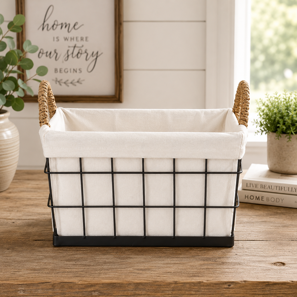 Black Wire Storage Basket with Fabric Liner