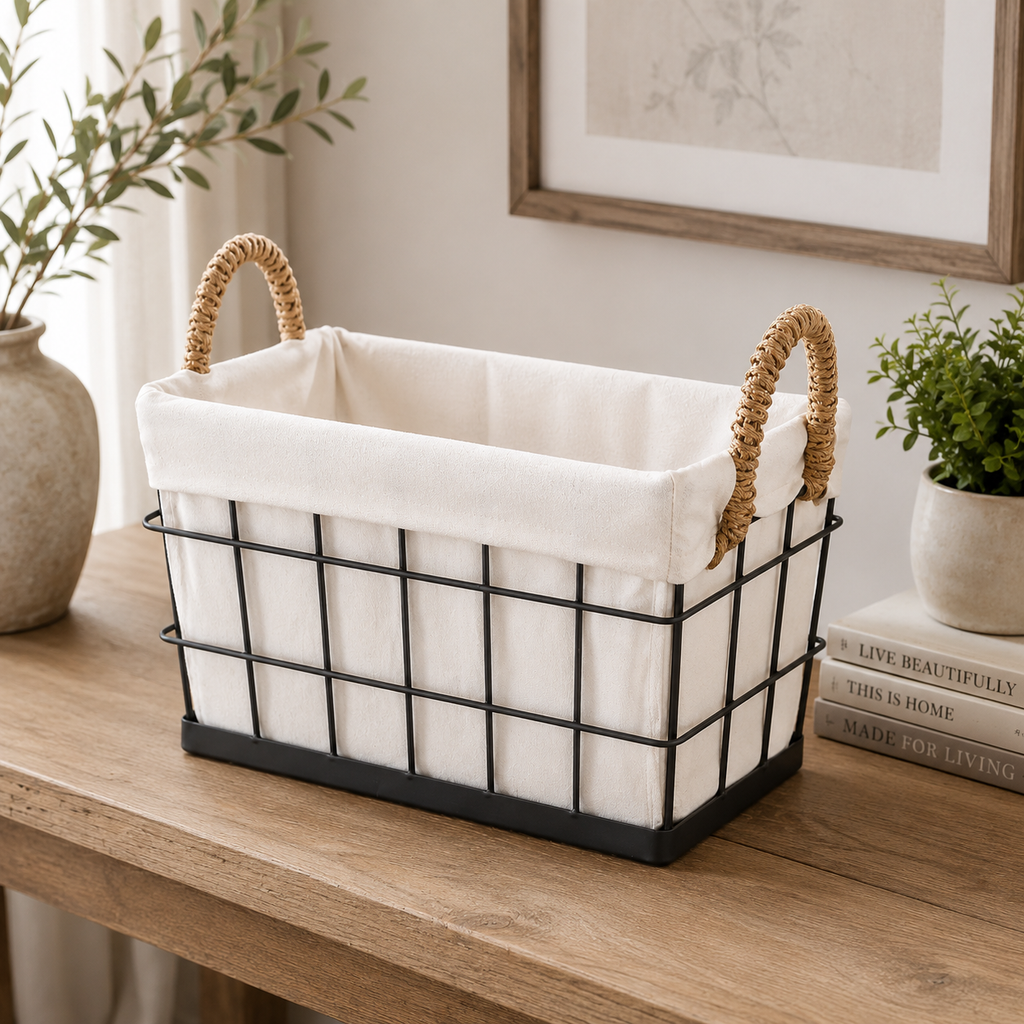 Black Wire Storage Basket with Fabric Liner