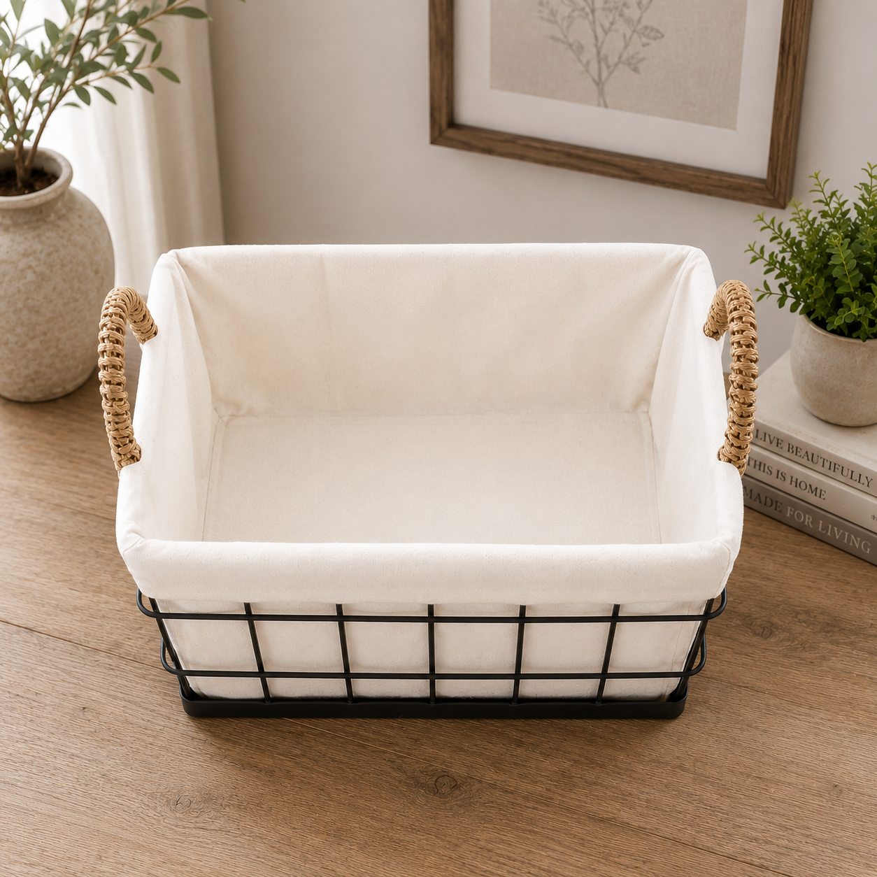 Black Wire Storage Basket with Fabric Liner