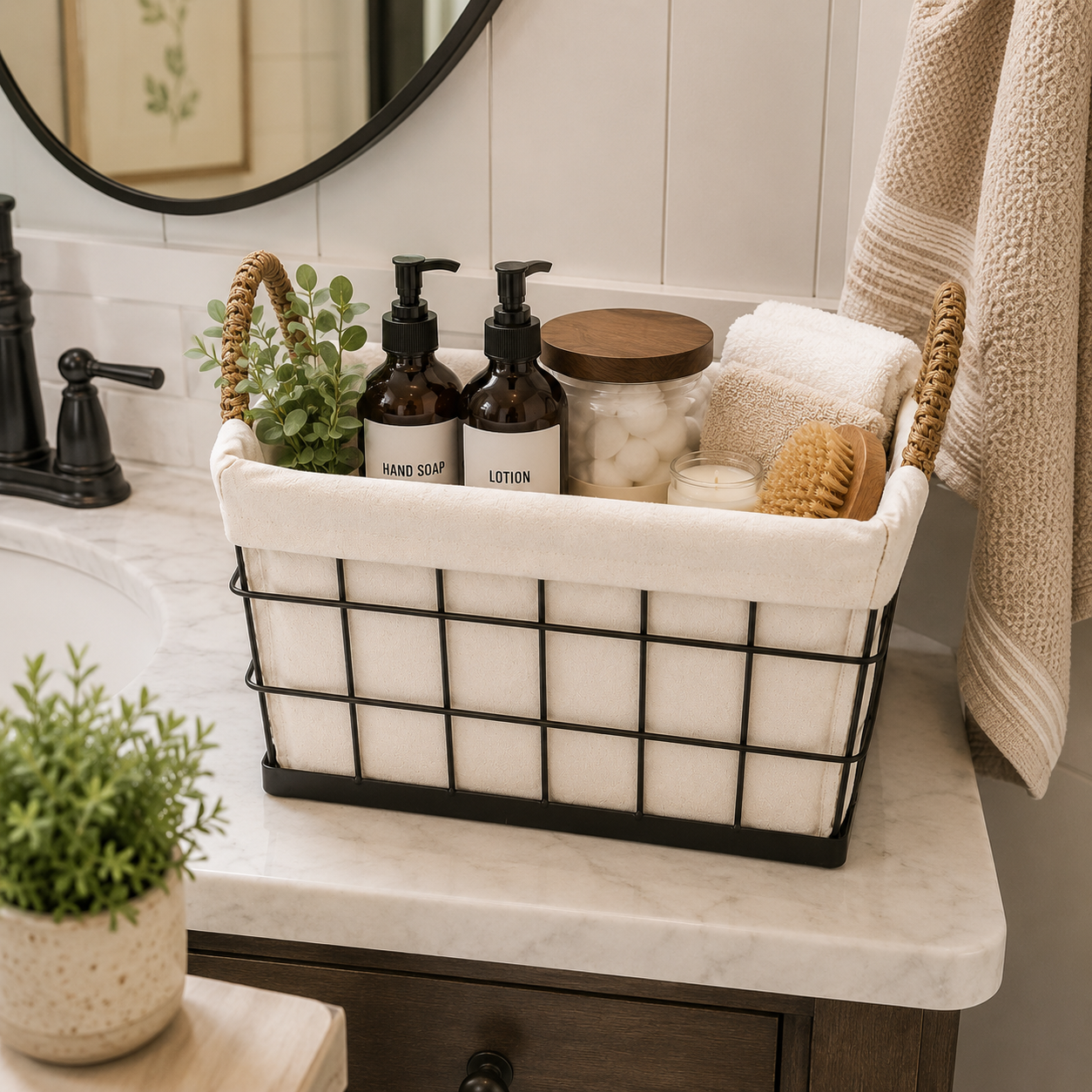 Black Wire Storage Basket with Fabric Liner