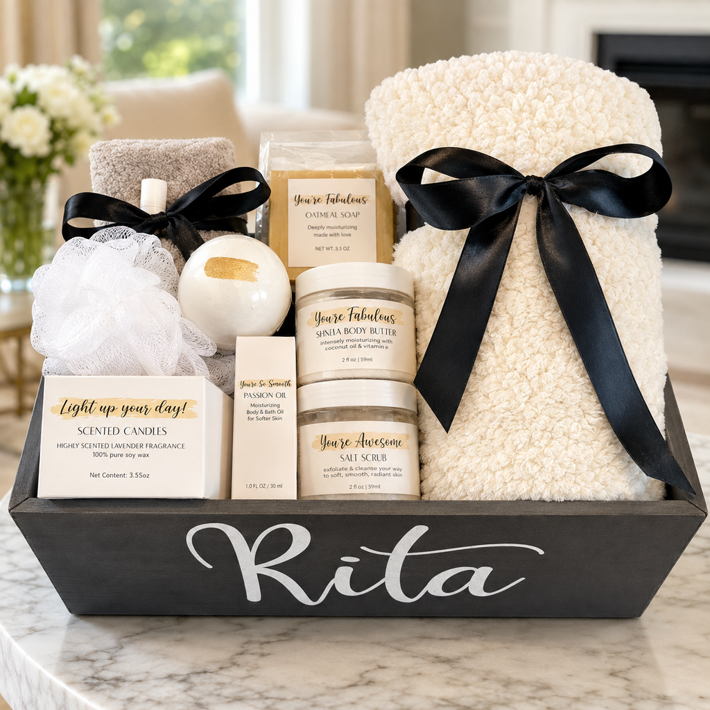 Personalized Wooden Spa Gift Basket for Women