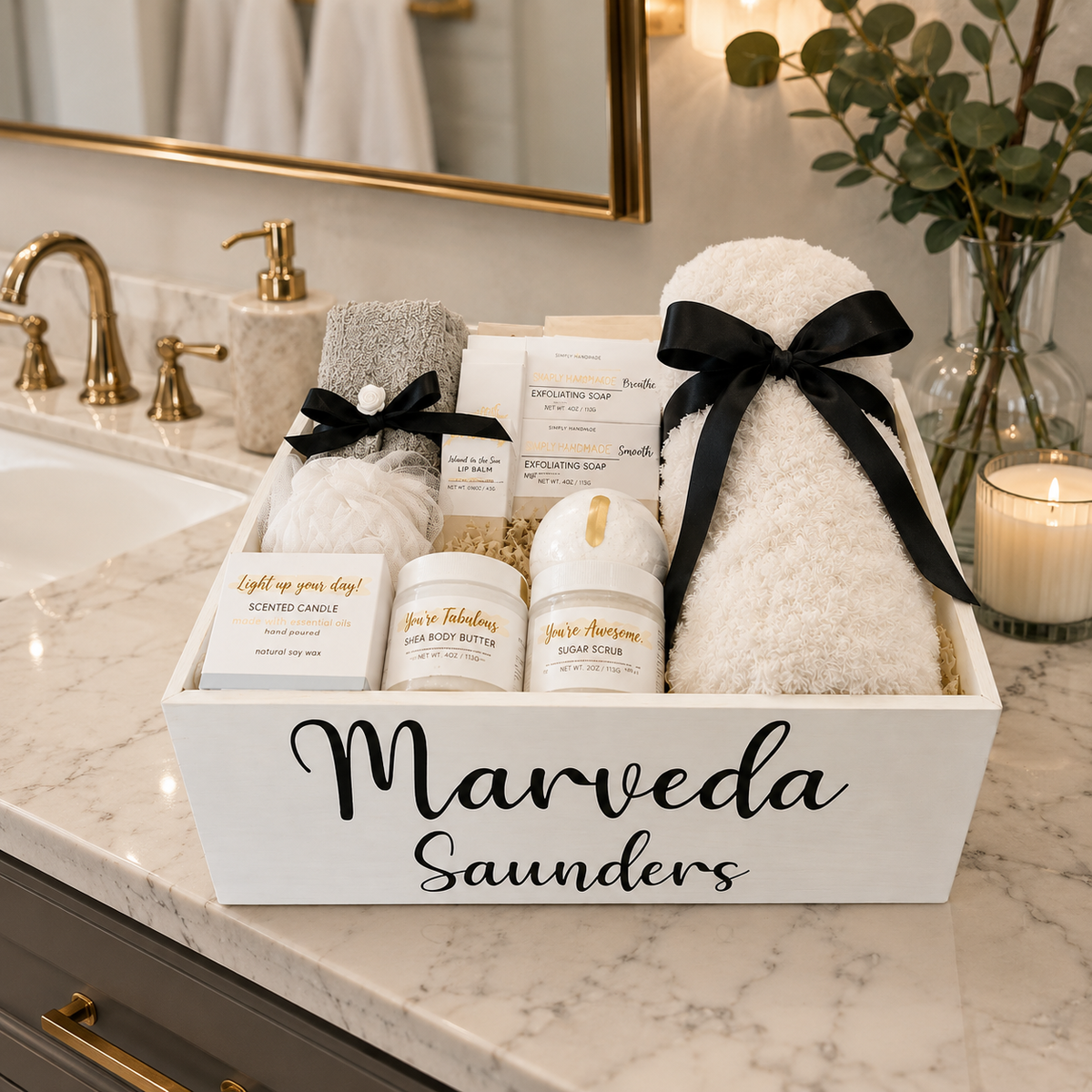 Personalized Wooden Spa Gift Basket for Women