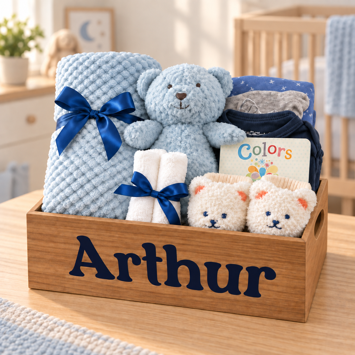 A personalized baby gift basket in a wooden crate labeled 'Arthur' on a wooden table. The basket contains a light blue textured blanket with a dark blue ribbon, a plush light blue teddy bear, folded navy and gray clothing, a small card reading 'Colors', and a pair of cream bear-face socks.