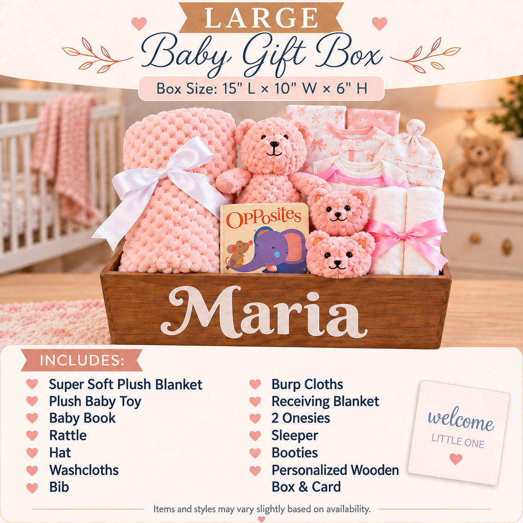Large baby gift box set displayed in a wooden crate with a personalized name, filled with soft baby items including a plush blanket, teddy bear toys, a baby book, burp cloths, a sleeping bag, and a wrapped gift. The image includes text detailing included items, box size, and a welcome card, on a softly styled nursery background.