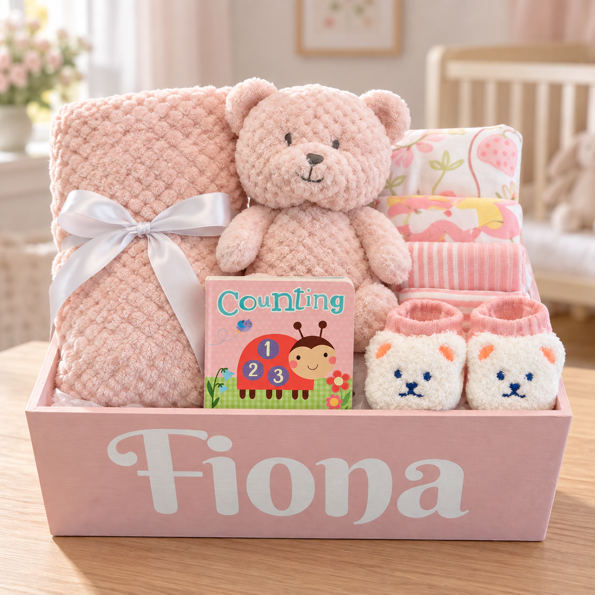 A personalized baby gift basket named 'Fiona' on a wooden table, containing a pink textured blanket with a white ribbon, a plush teddy bear, a 'Counting' book, folded baby clothes, and a pair of white and pink baby booties.