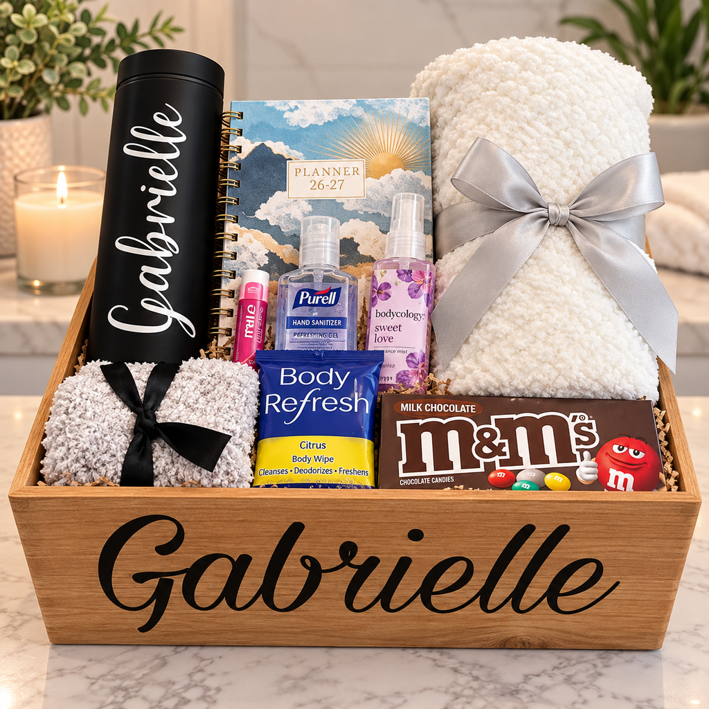 Personalized Gabrielle gift box with black tumbler, planner, fuzzy socks, white towel, body mist and chocolate