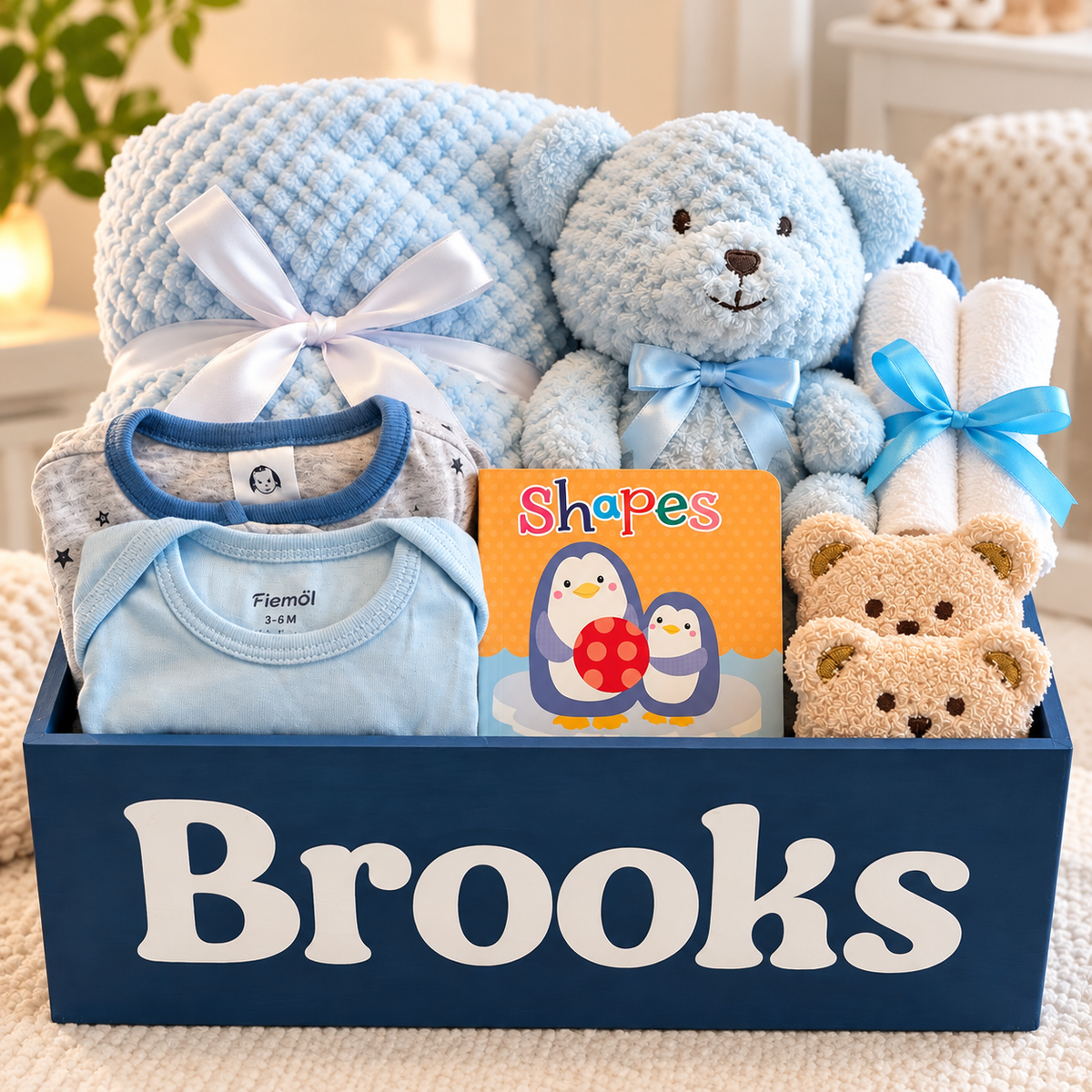 A personalized baby gift basket set in a navy blue wooden box labeled 'Brooks' with white. The basket is filled with baby items including a light blue knit blanket, a plush teddy bear, a light blue bodysuit, rolled towels, and a children's book titled 'Shapes'.