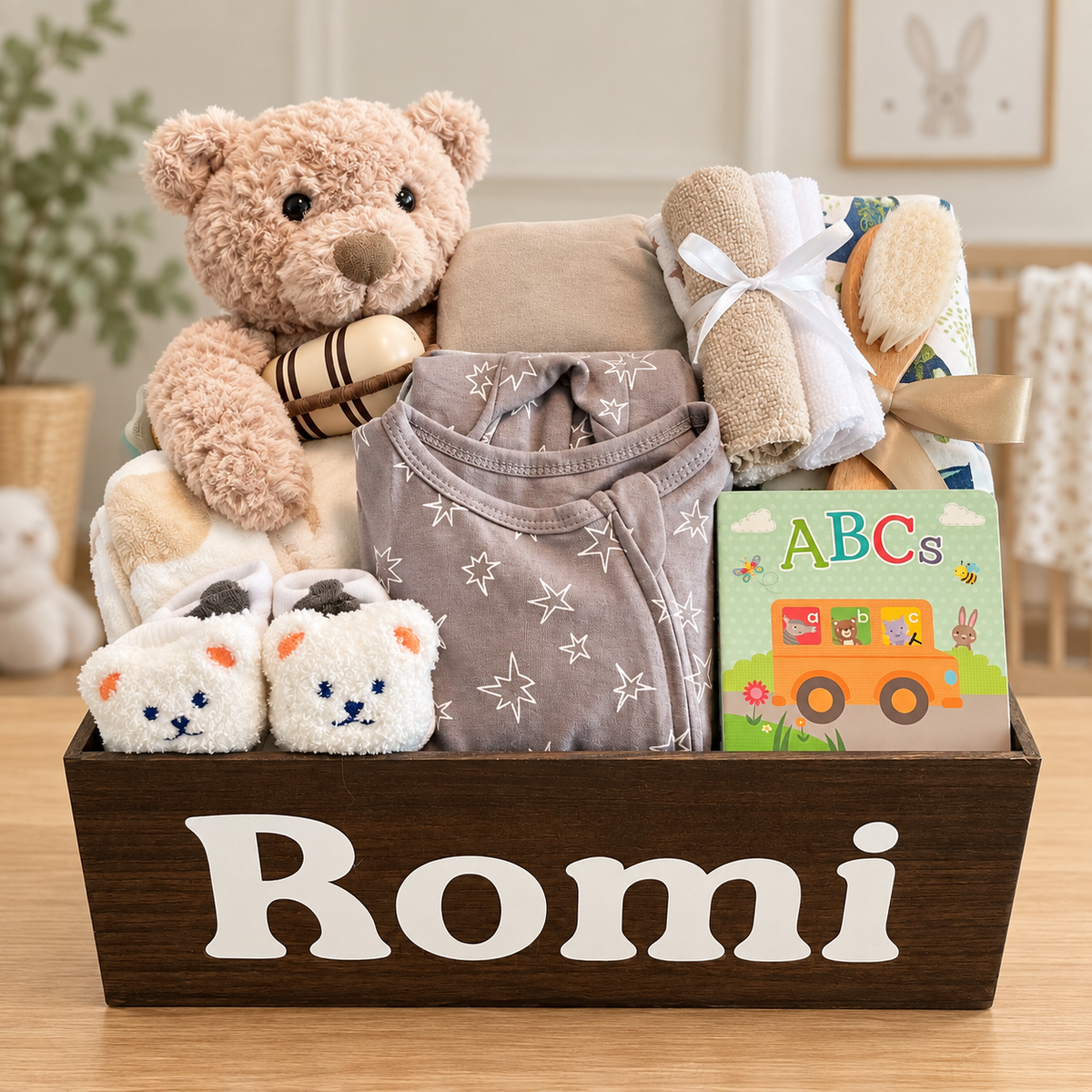 A personalized baby gift basket set in a dark wood box labeled 'Romi', containing a plush teddy bear, folded blankets, a star-patterned baby outfit, a pair of white and black booties, a baby book, and a soft cloth bundle.