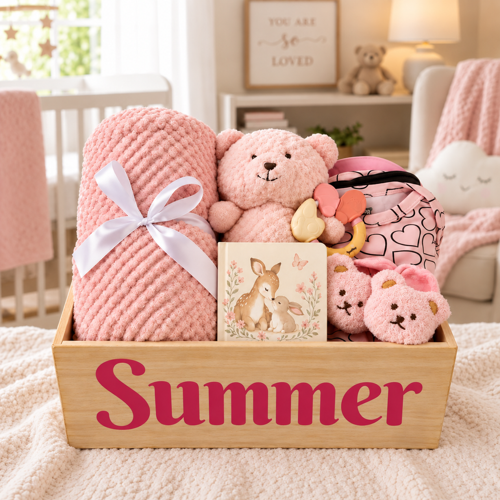 A wooden gift basket labeled 'Summer' filled with baby-themed pink items, including a chunky knit blanket tied with a white ribbon, a plush teddy bear, a heart-patterned pouch, a small bunny card, and two plush bears, set in a softly lit nursery.