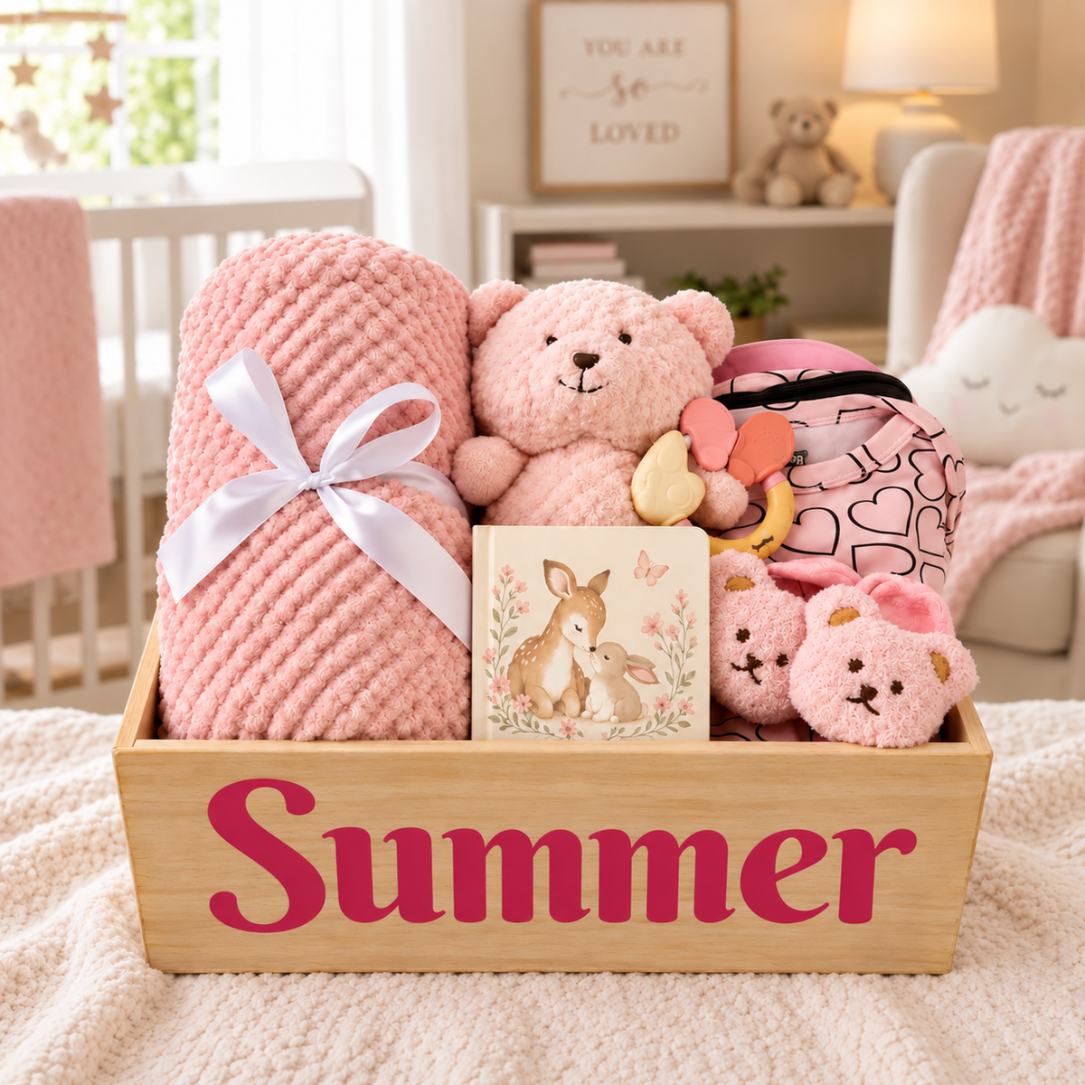 A wooden gift basket labeled 'Summer' filled with baby-themed pink items, including a chunky knit blanket tied with a white ribbon, a plush teddy bear, a heart-patterned pouch, a small bunny card, and two plush bears, set in a softly lit nursery.