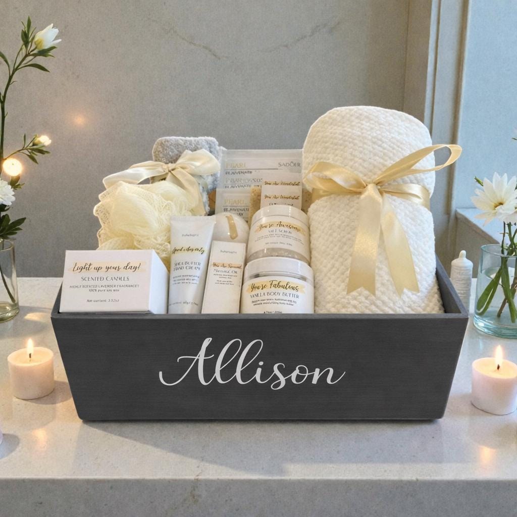 Personalized Wooden Spa Gift Basket for Women