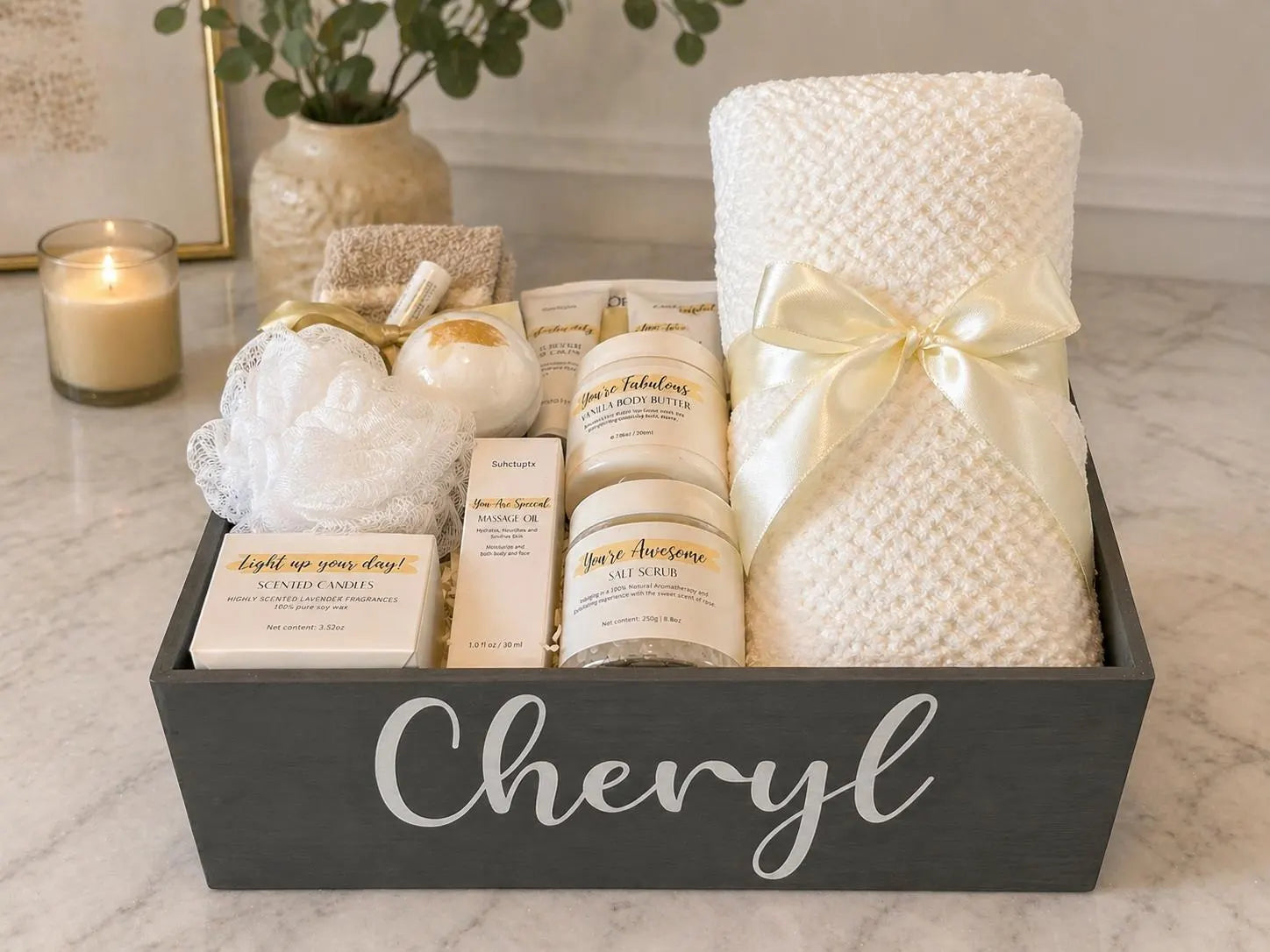 Personalized Wooden Spa Gift Basket for Women