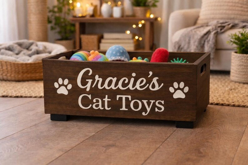 Personalized Wooden Cat Toy Box