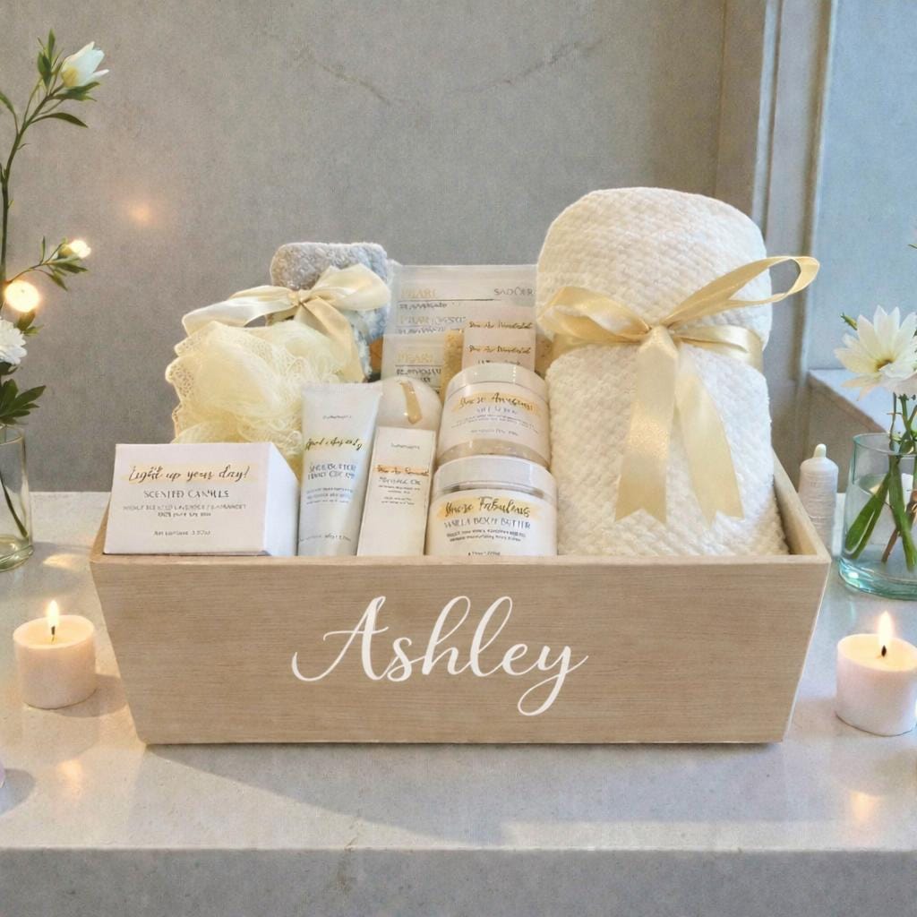 Personalized Wooden Spa Gift Basket for Women