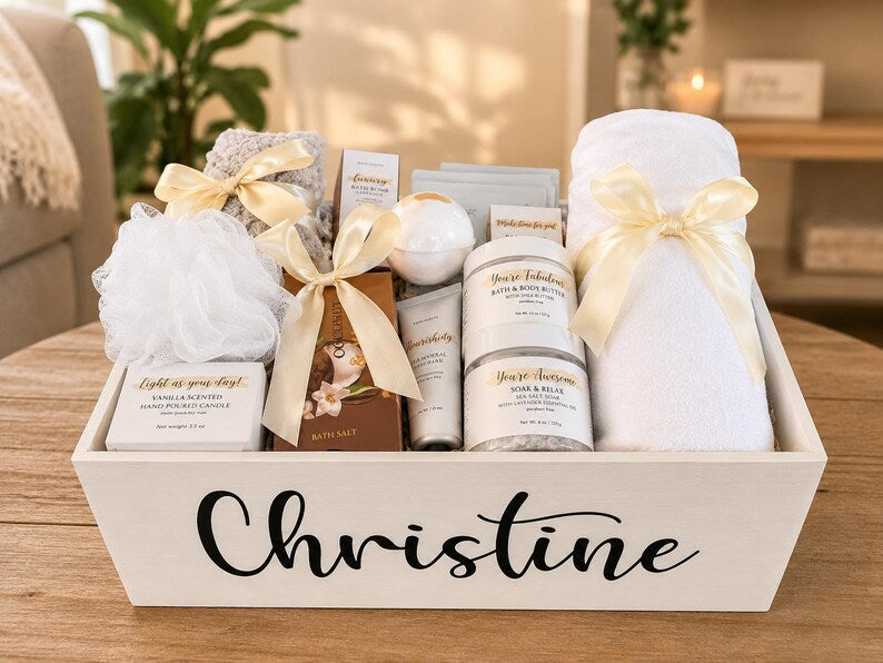 Personalized Wooden Spa Gift Basket for Women