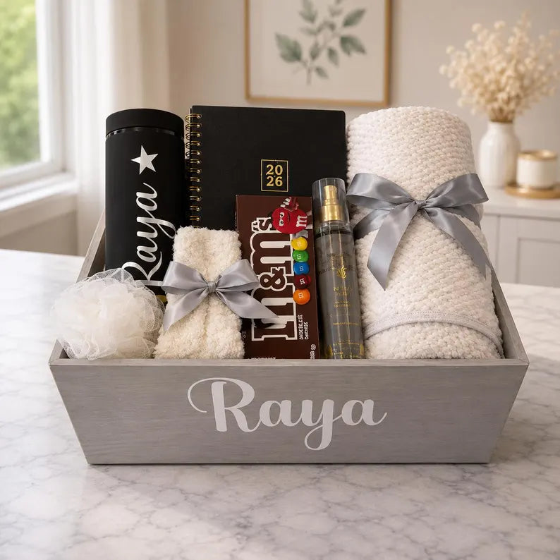 Dorm room care package with fuzzy socks, tumbler, and self-care essentials