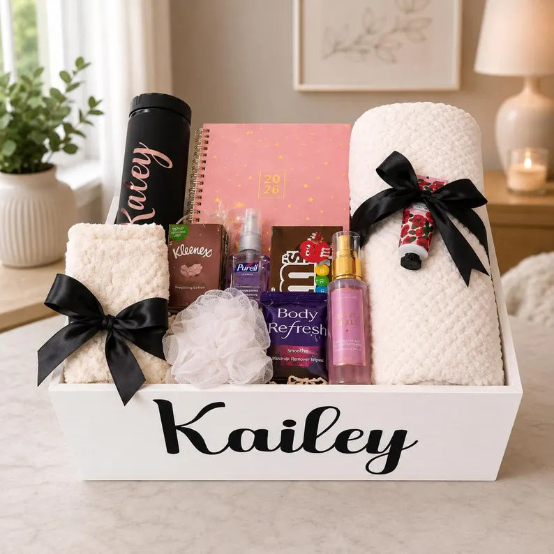 Personalized college gift basket with plush towel, planner, and shower steamers