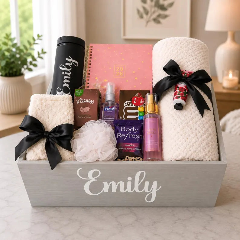 College survival kit for her in dark walnut personalized wooden gift box
