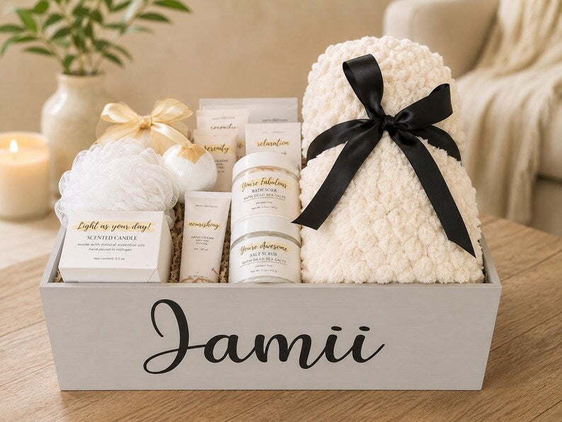 Personalized Wooden Spa Gift Basket for Women