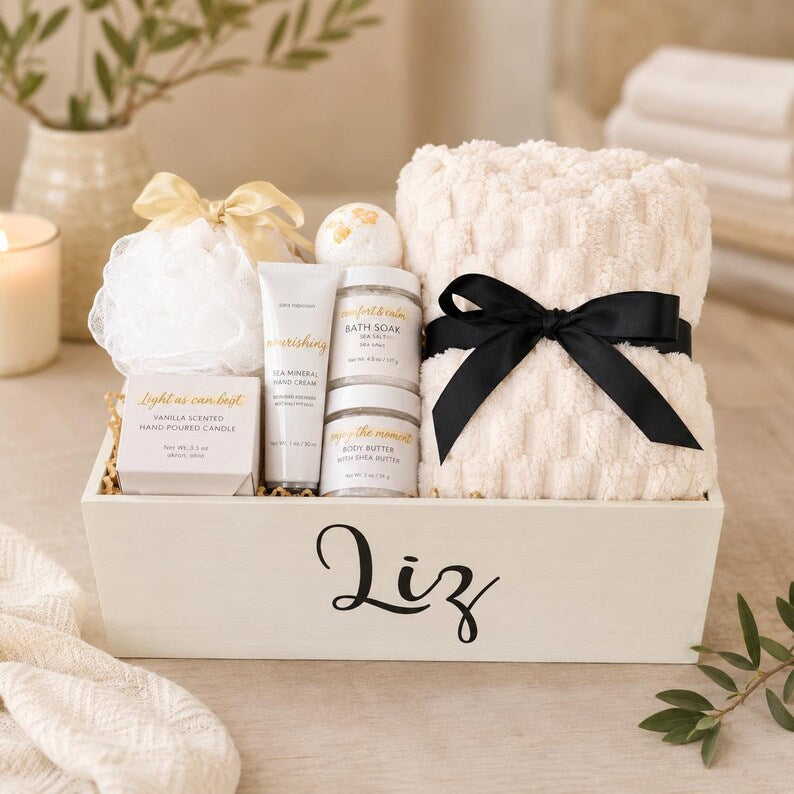 Personalized Wooden Spa Gift Basket for Women