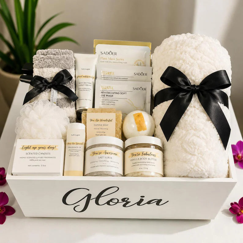 Personalized Wooden Spa Gift Basket for Women