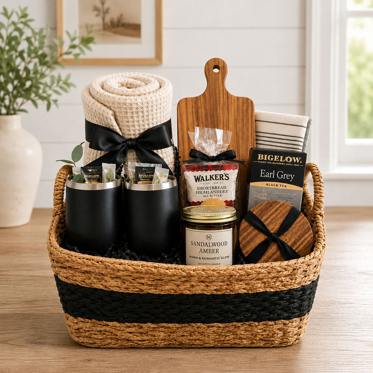 Luxury housewarming gift basket with throw blanket, matte black tumblers, acacia cutting board, soy candle, shortbread cookies, and Earl Grey tea in handwoven black and natural basket