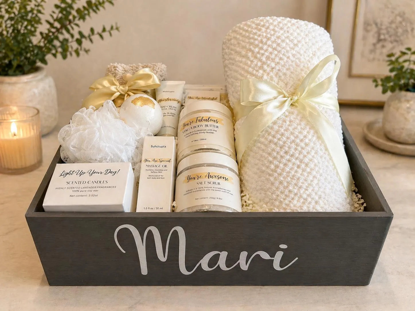 Personalized Wooden Spa Gift Basket for Women