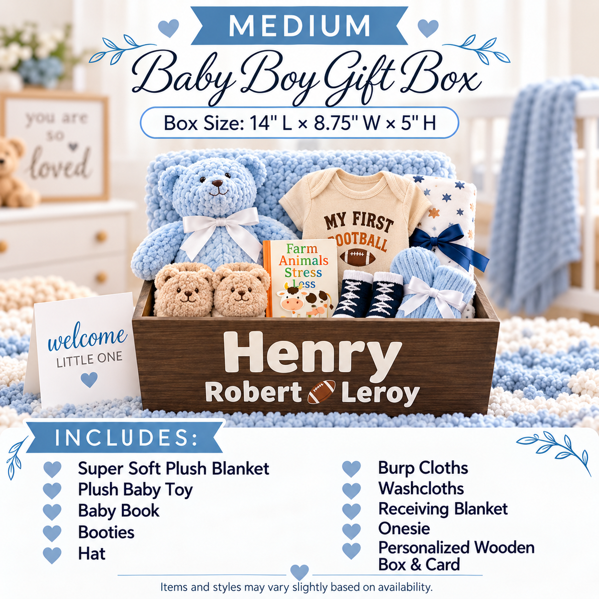 A customized medium baby boy gift box set displayed in a wooden crate labeled 'Henry Robert Leroy'. The box is filled with baby items including a blue plush teddy bear, a cream 'My First Football' bodysuit, a plush toy, socks, and a blue blanket.