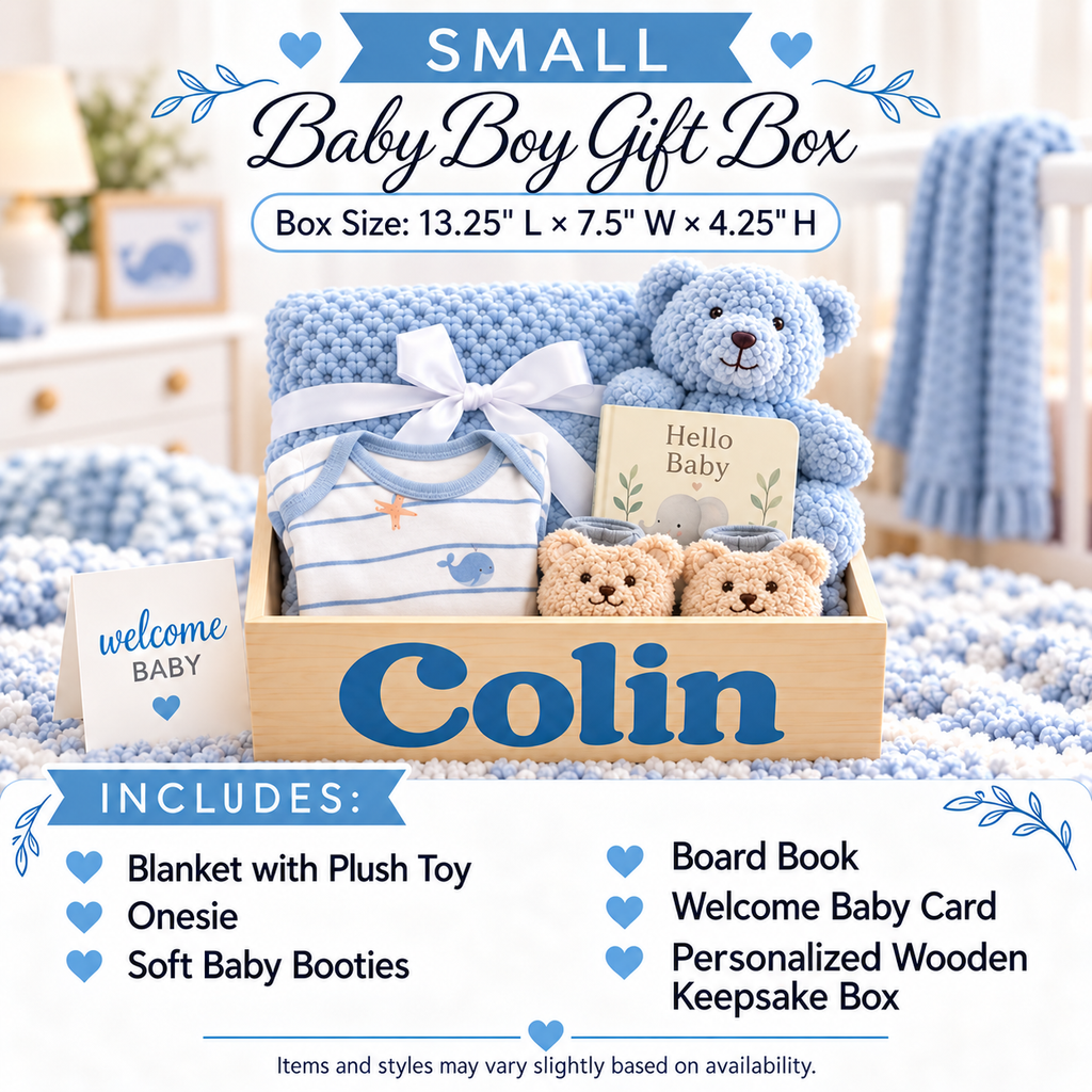 A personalized baby boy gift box set labeled 'Colin' in a light wood crate, filled with a blue knit blanket, plush toy, striped baby onesie, soft booties, and a 'Hello Baby' card. The scene is styled in a nursery with blue-and-white textiles, and the graphic includes text describing the small size, box dimensions, and included items.