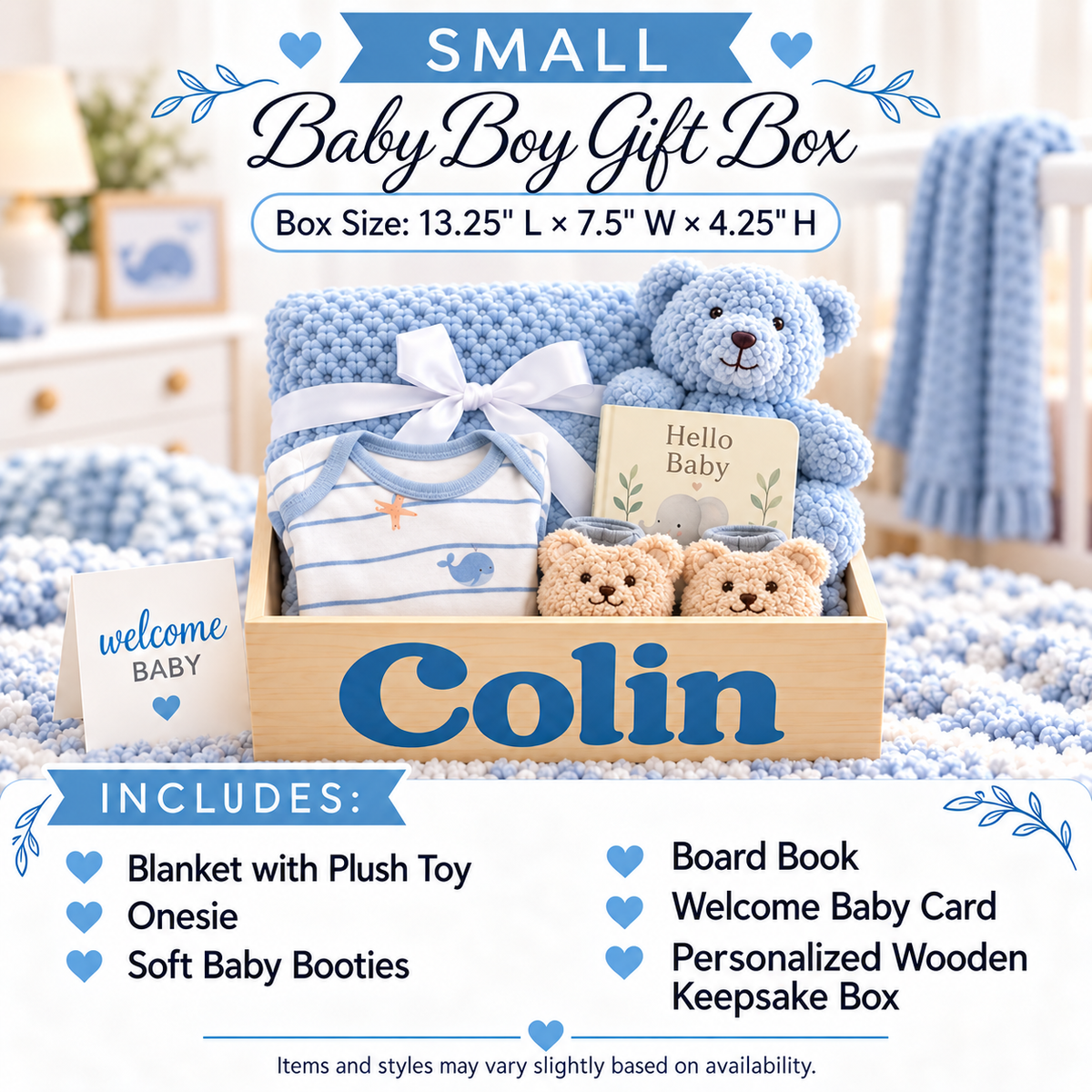 A personalized baby boy gift box set labeled 'Colin' in a light wood crate, filled with a blue knit blanket, plush toy, striped baby onesie, soft booties, and a 'Hello Baby' card. The scene is styled in a nursery with blue-and-white textiles, and the graphic includes text describing the small size, box dimensions, and included items.
